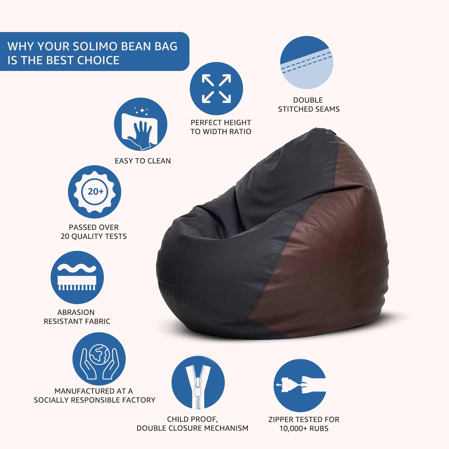 Amazon Brand Solimo Premium Faux Leather Bean Bag, Filled with Beans | Capacity: Upto 6 Ft Height, 120 KG Weight | 3XL | Black and Brown - View 3