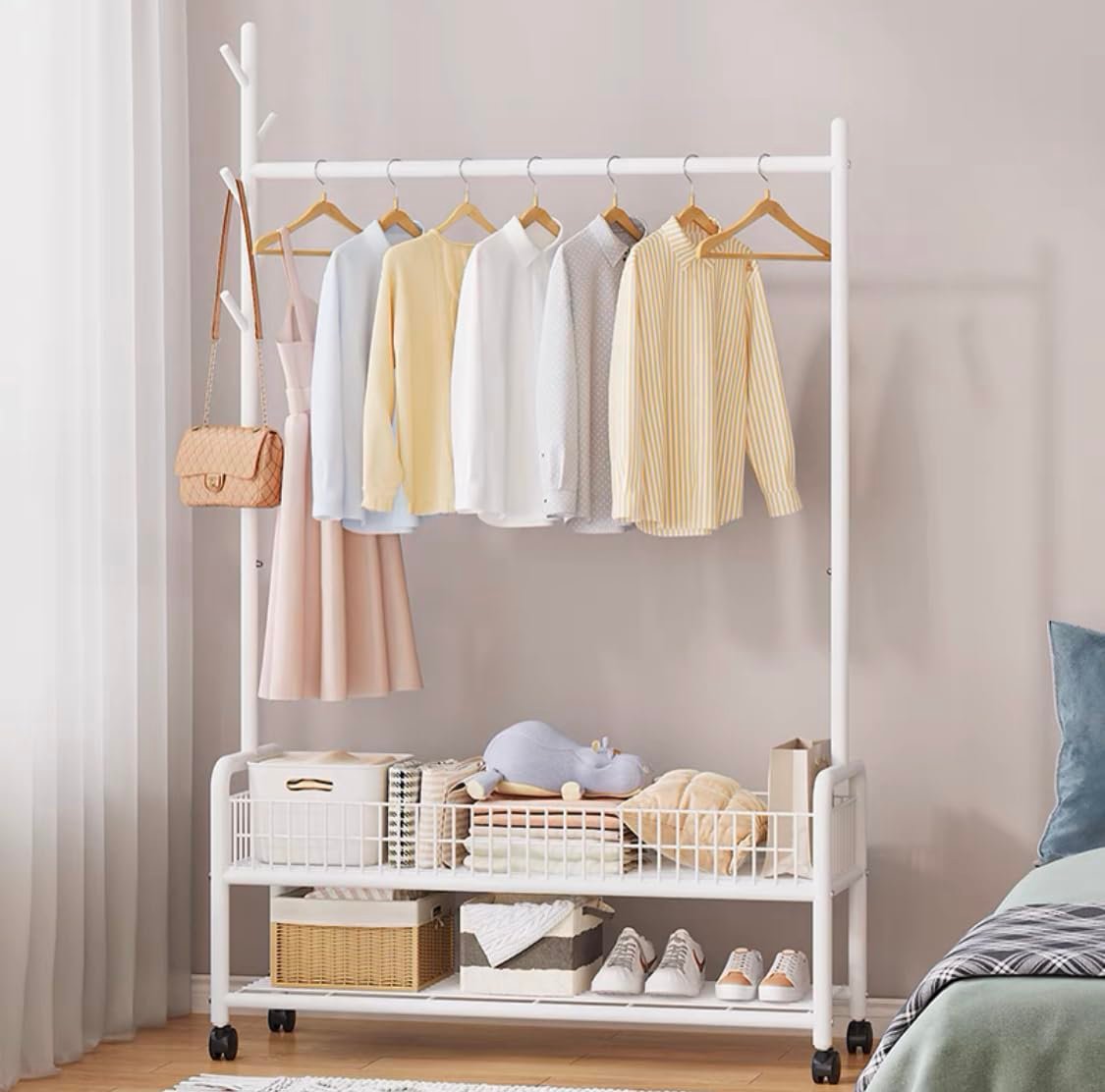 Lukzer | MGR-002 | White | Metal Cloth Stand &amp; Garment Rack with Wheels, 2 Bottom Shelves &amp; Single Rod – Space-Saving Clothes Organizer for Bedroom, Laundry, Entryway &amp; More | 173 x 90 x 34 cm - View 3