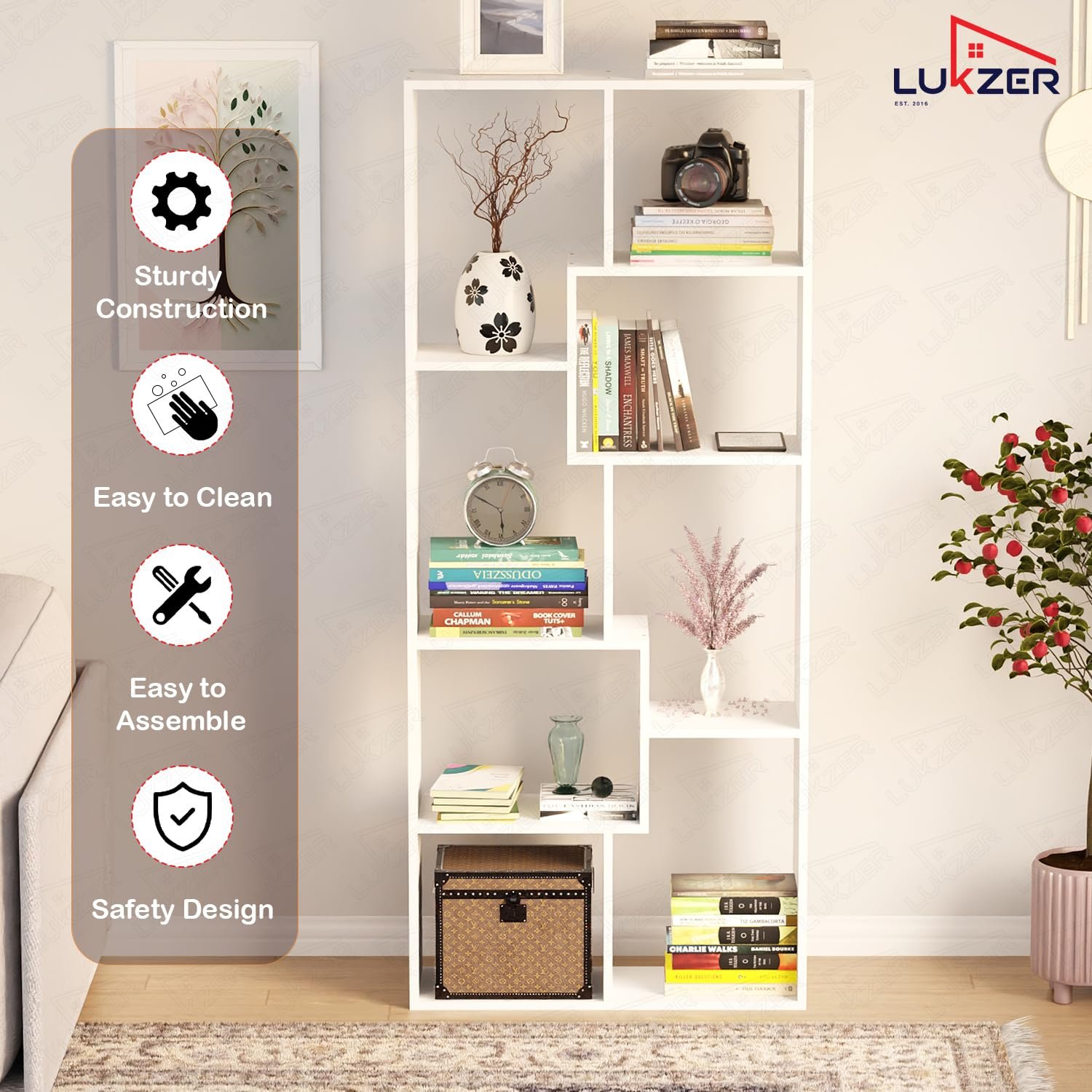 Lukzer 8 Shelves Modern Simple Engineered Wood Book Shelf with Storage Display Rack Open Bookcase Showcase Stand (MR-004/White/164 x 24 x 70 cm) DIY (Do It Yourself) - View 3