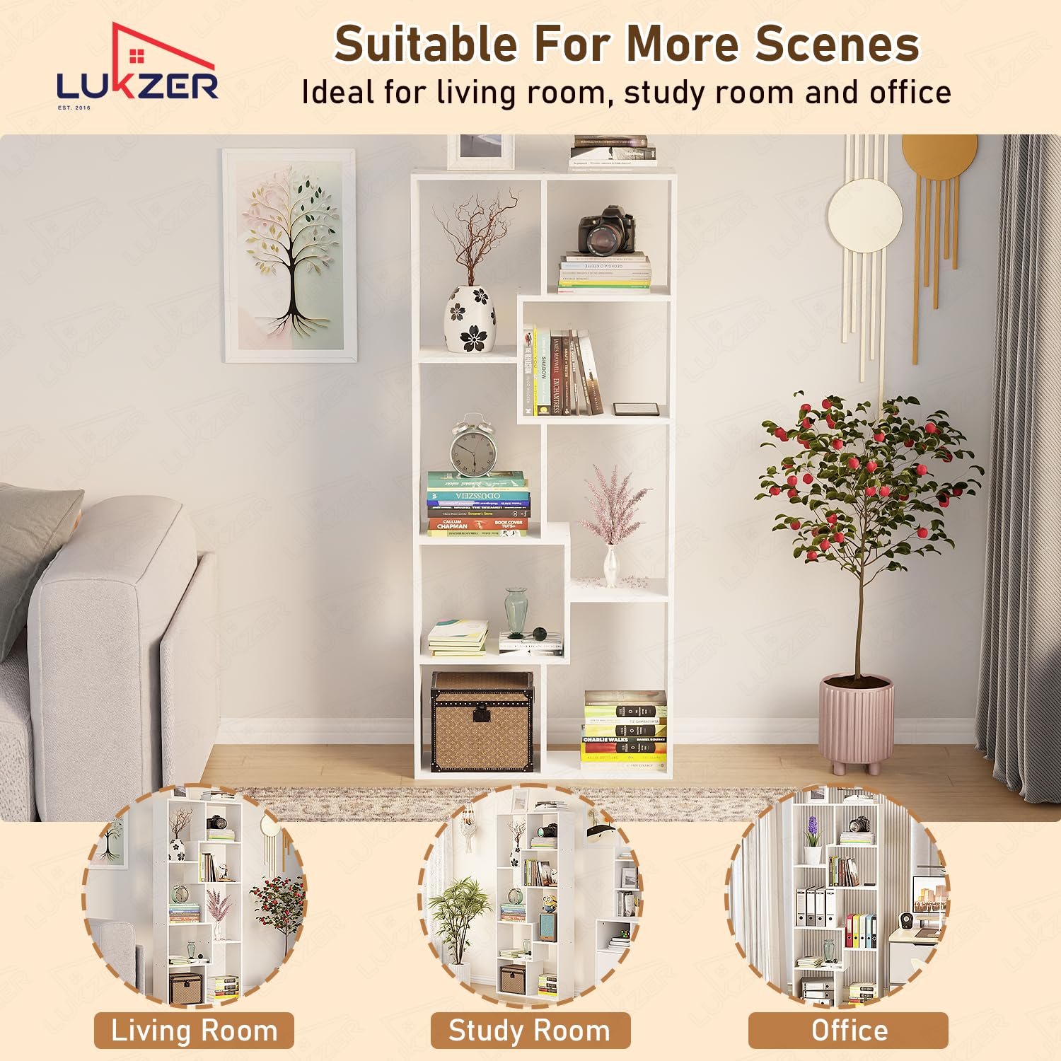 Lukzer 8 Shelves Modern Simple Engineered Wood Book Shelf with Storage Display Rack Open Bookcase Showcase Stand (MR-004/White/164 x 24 x 70 cm) DIY (Do It Yourself) - View 5