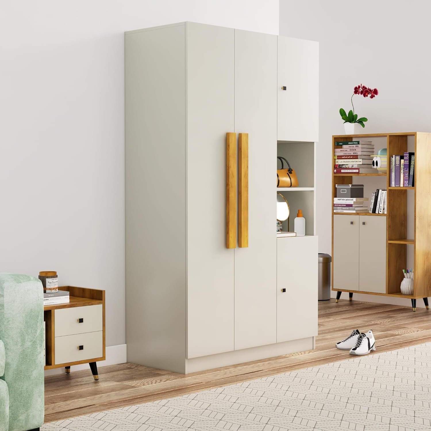 Bniture Wooden Almirah for Clothes, Door for Bedroom, 4 Door Wardrobe with Hanging Space (50D x 105W x 180H CM) |3 Year Warranty (Frosty White)