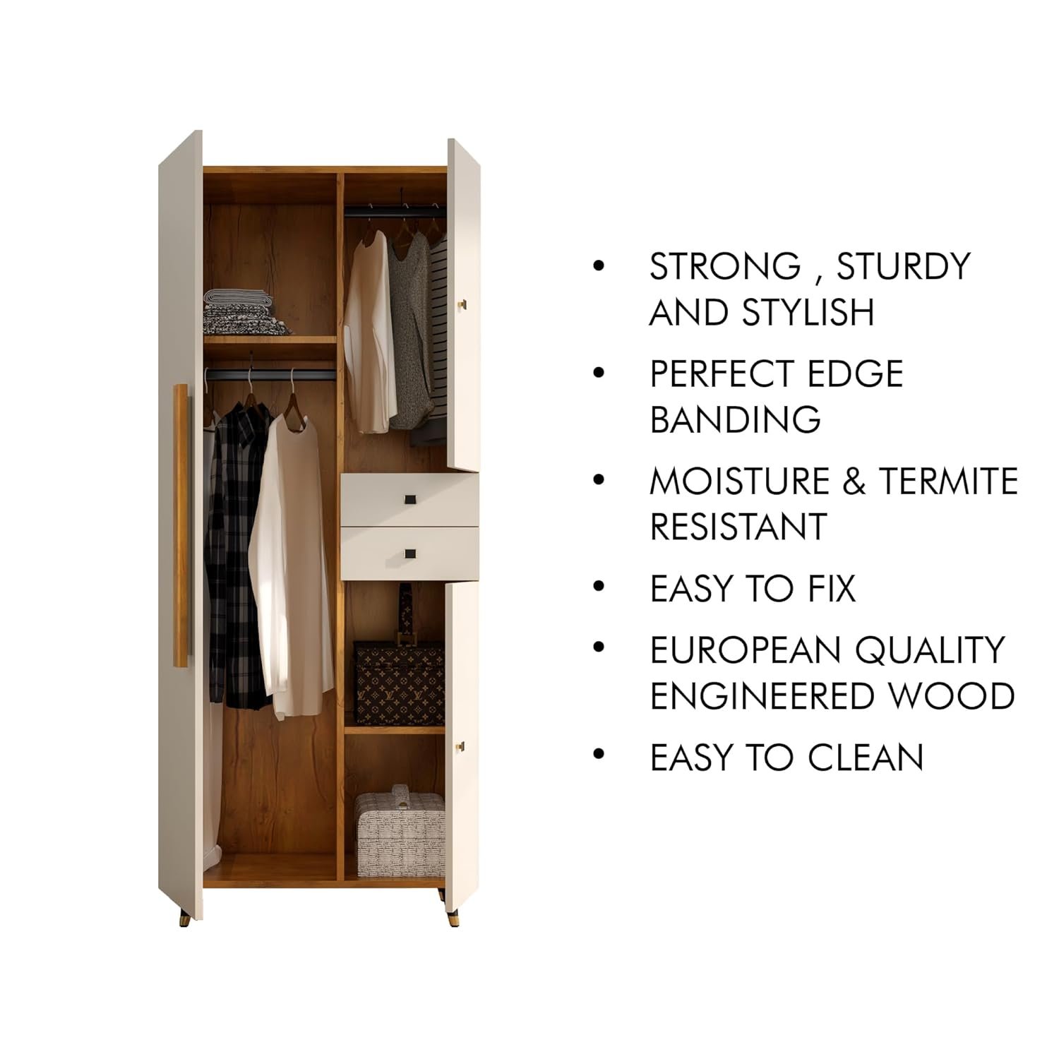 Bniture Wooden Almirah for Clothes, Door for Bedroom, 2 Door Wardrobe with Drawer &amp; Hanging Space (45D x 75W x 180H CM) | 3 Year Warranty (Giant Wood &amp; Frosty White) - View 5