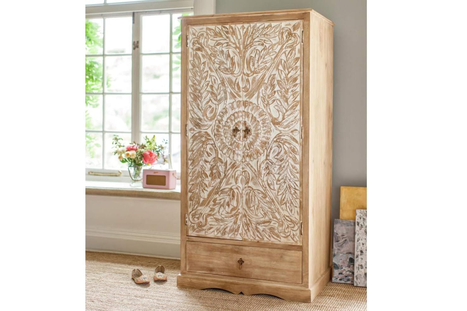 The Attic Jodhpur Carving Wardrobe|Solid Wood Multiple Utility Storage| Clothes Organizer|Wardrobe for Clothes Wooden, almirah for Clothes Wooden|Natural + White Matte Finish
