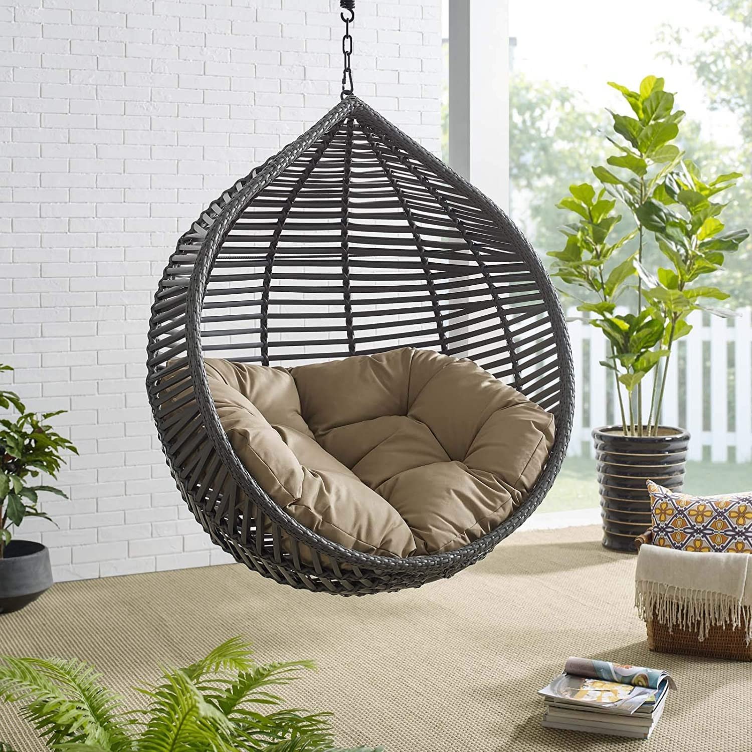 Wicker Rattan Wrought Iron Single Seater Swing Chair Stand For Adults|Garden & Outdoor Hammock Swing Cushions For Kids|Teardrop Swing Hanging Chair W/ Curve Stand|Jhula-114.3 Cm,25.5 Cm,50" - View 4