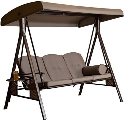 Low Carbon Steel 3 Seater Garden Swing Seat Outdoor Canopy Cushioned Bench- Brown, 127 Centimeters, 188 Centimeters