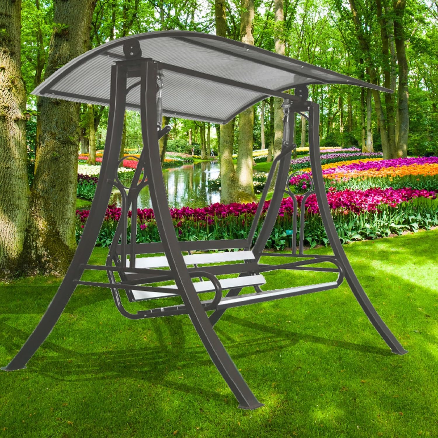 Outdoor Swings Jhula with Roof Hammock Chair - 3 Seater, High-Strength Iron, 350 kg Capacity, Black