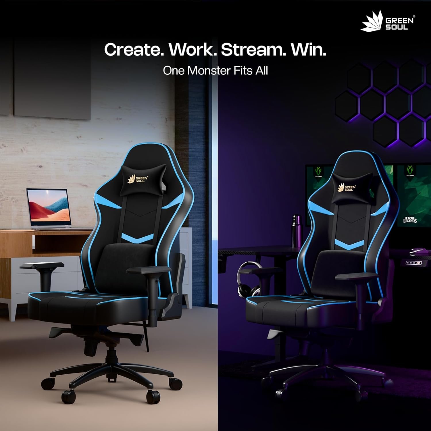 Gaming &amp; Office Chair| Premium Spandex &amp; PU Leather Fabric | Adjustable Neck, Lumbar Pillow | 4D Adjustable Armrests (Black Blue) - View 3