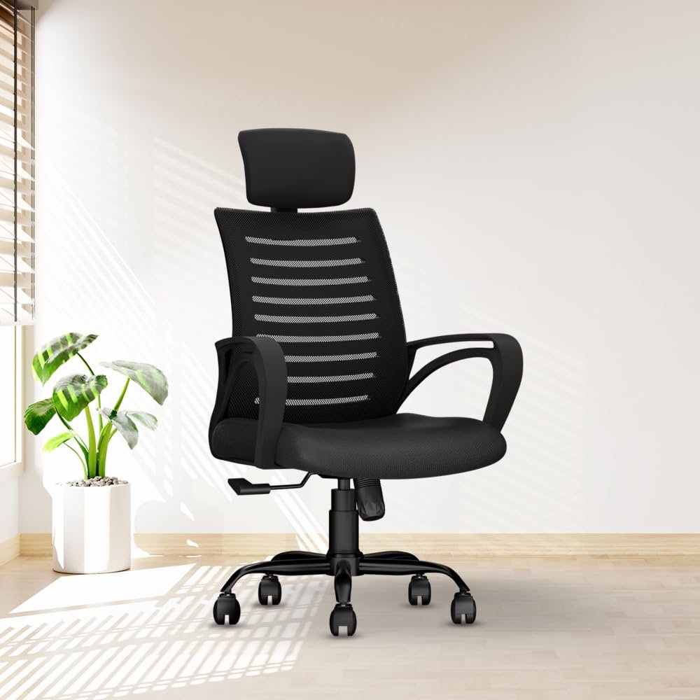 Office Chair - Adjustable Seat Height, Sturdy Metal Base, Revolving Study &amp; Computer Chair for Work from Home, Black
