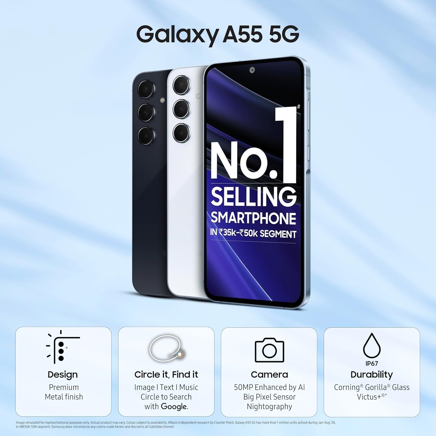 Samsung Galaxy A55 5G (Awesome Iceblue, 8GB RAM, 256GB Storage) | AI | Metal Frame | 50 MP Main Camera (OIS) | Super HDR Video| Nightography | IP67 | Corning Gorilla Glass Victus+ | sAMOLED Display - View 4